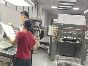 Two printing technicians reviewing cosmetic box proofs at a commercial printing machine