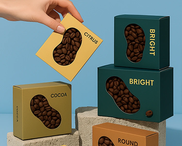 Sustainable coffee beans box with custom die-cut window, made from eco-friendly kraft paperboard