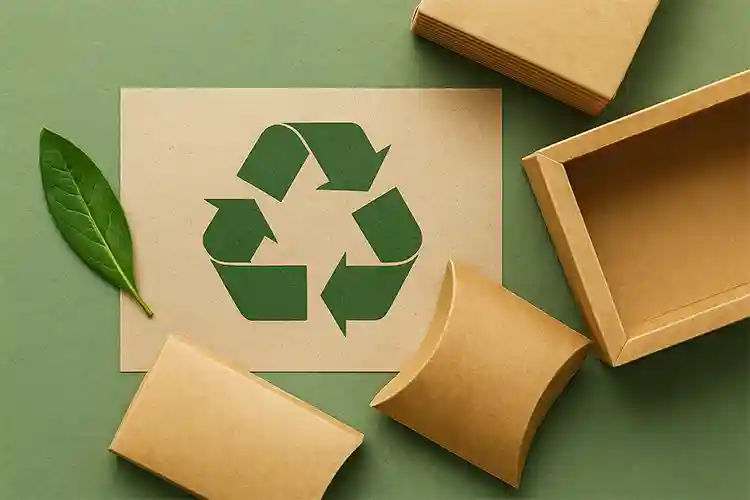 paper-packaging.webp Eco-friendly paper boxes and recycled materials displayed with a green leaf and recycle sign.