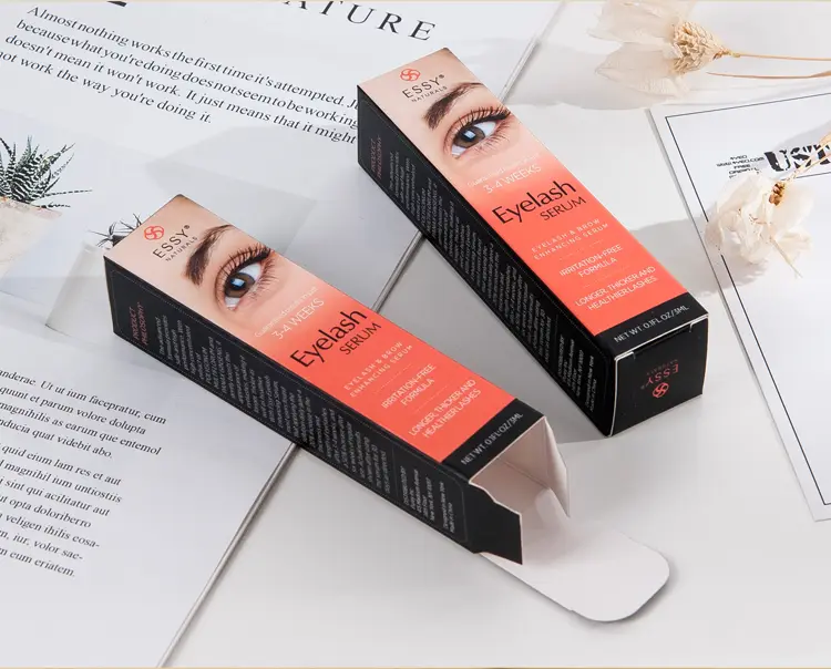 Custom folding carton box for eyelash serum, designed for retail display and cosmetic branding