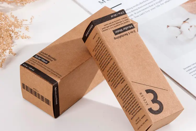 Eco-friendly kraft box designed for minimalist skincare products, emphasizing natural branding and recyclability.