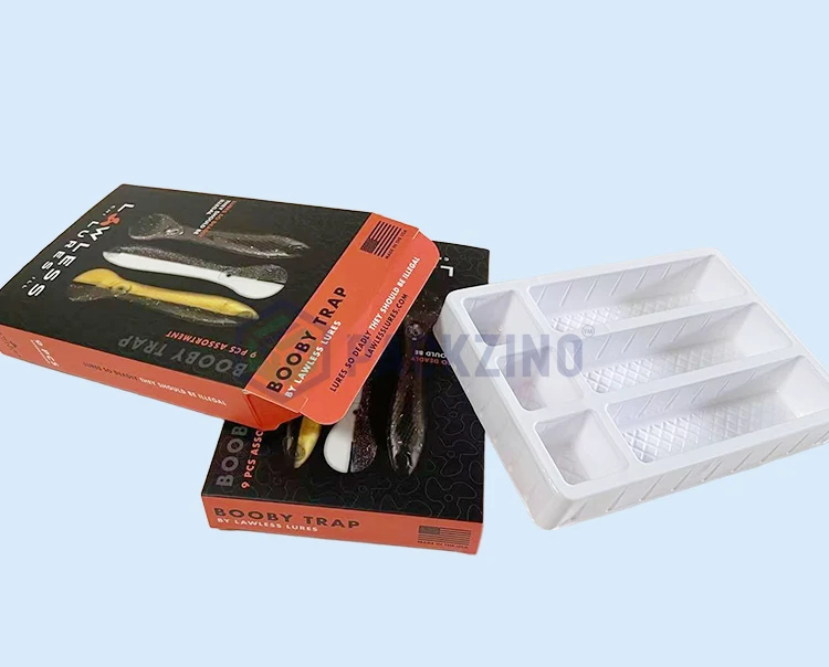 Low MOQ custom packaging box with plastic insert tray for securely holding assorted fishing lures.