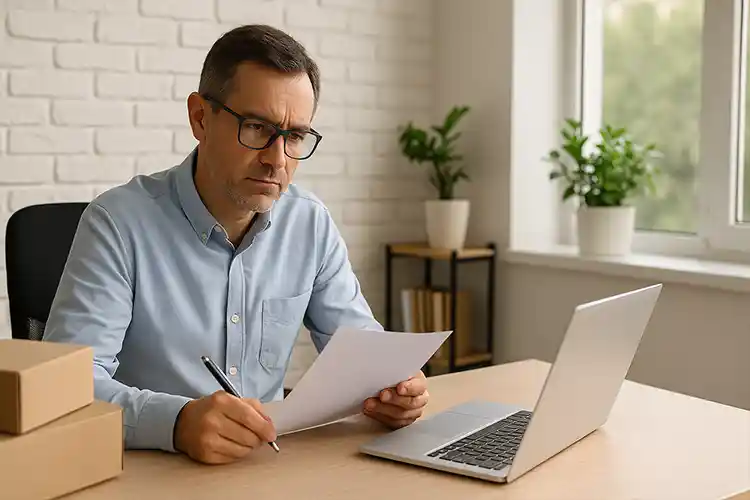 A packaging buyer reviewing documents on sourcing strategy at a desk with a laptop and boxes