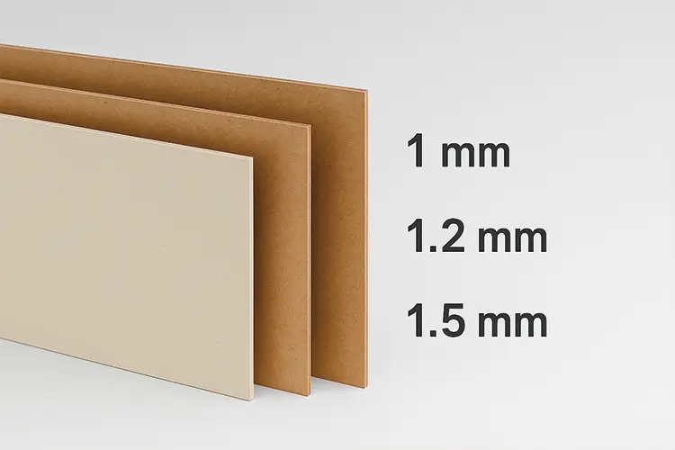 Rigid box material options in greyboard thicknesses of 1mm, 1.2mm, and 1.5mm, suitable for premium packaging durability.