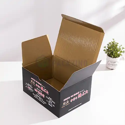 Branded corrugated food packaging box with custom print and kraft interior