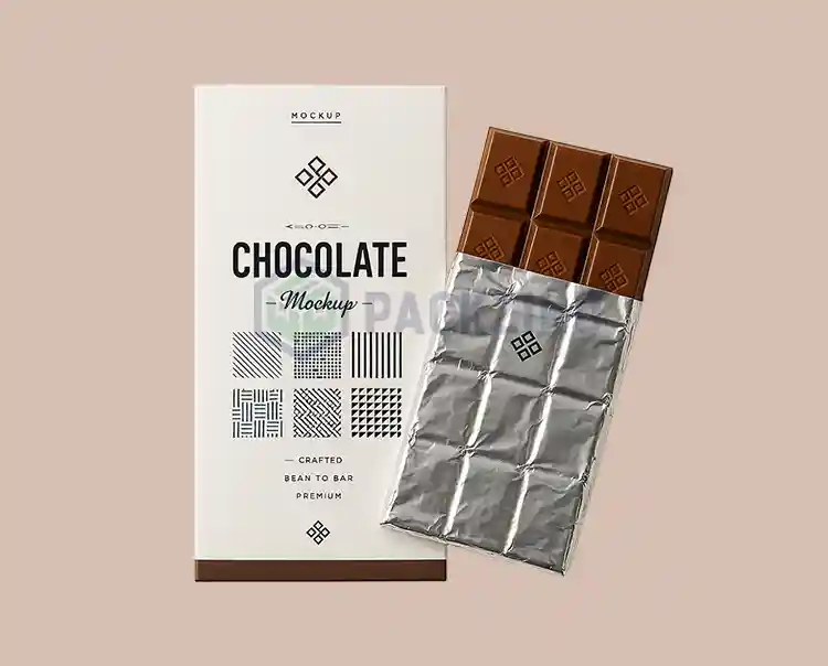 Chocolate packaging box with minimalist design and silver foil wrap, ideal for ecommerce use.