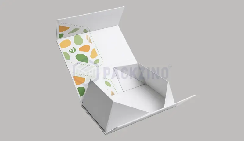White collapsible rigid box with inside printed panels and foldable design.