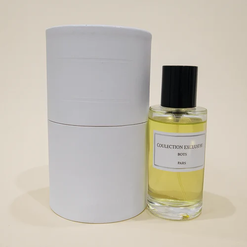 Compostable paper tube in white finish paired with perfume bottle, ideal for eco-friendly brands