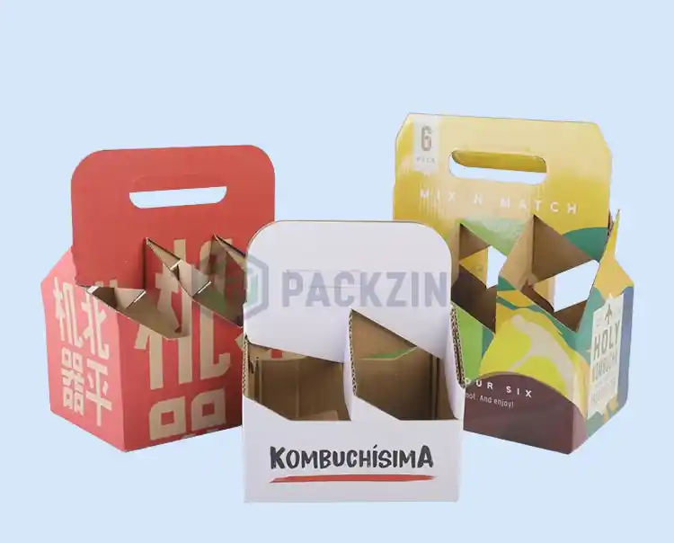 Corrugated beverage carrier boxes with colorful printing and dividers for 6 bottles
