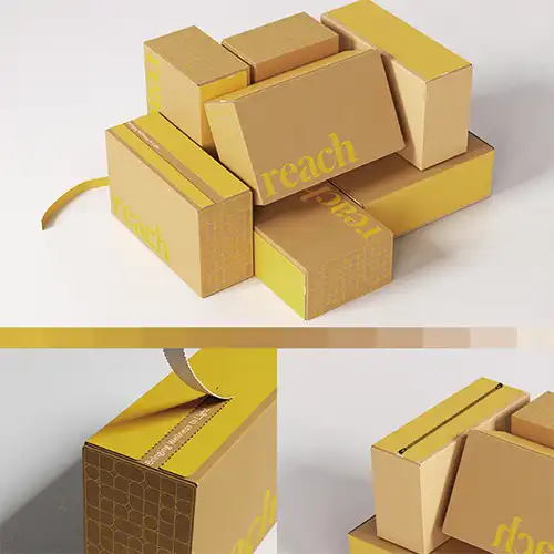 A stack of custom corrugated ecommerce shipping boxes with tear strips