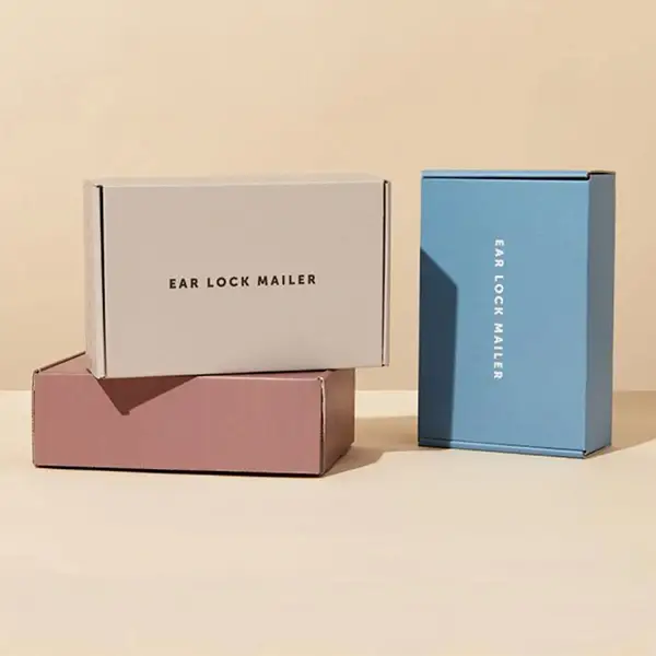 Corrugated ear lock mailer boxes in pastel tones for shipping and retail