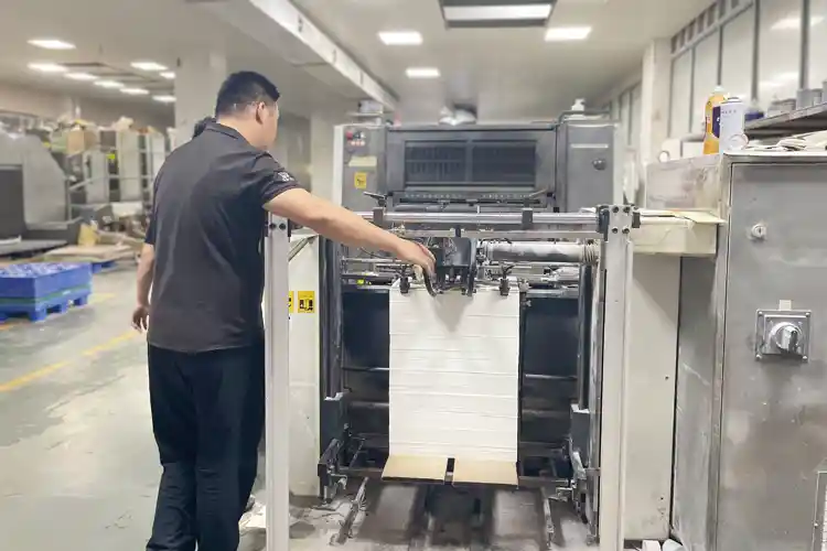 Corrugated offset packaging process with operator using large printing machine