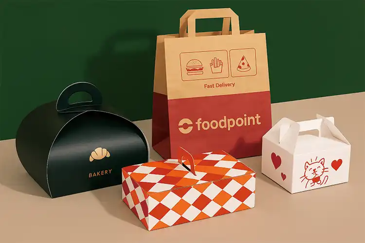 Custom bakery packaging boxes and paper bag set for takeout, dessert, and pastry packaging