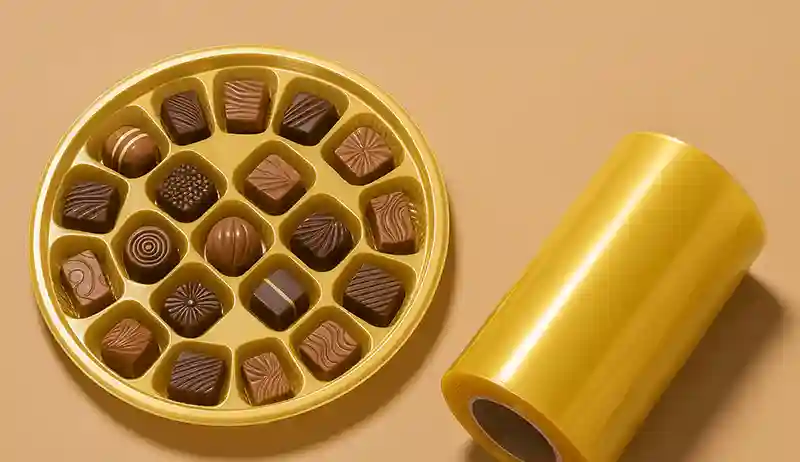 Custom round chocolate box insert tray with molded cavities and matching gold sealing film