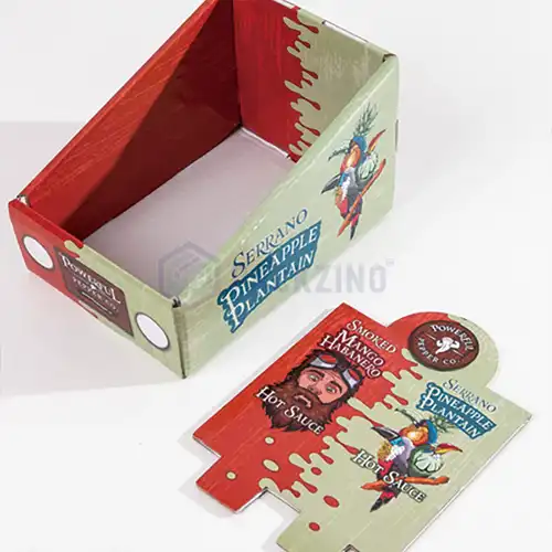 Custom corrugated display box for hot sauce bottles with printed branding