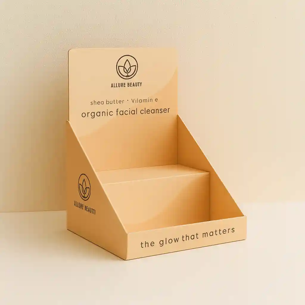 Custom display box for organic facial cleanser in peach tone design.
