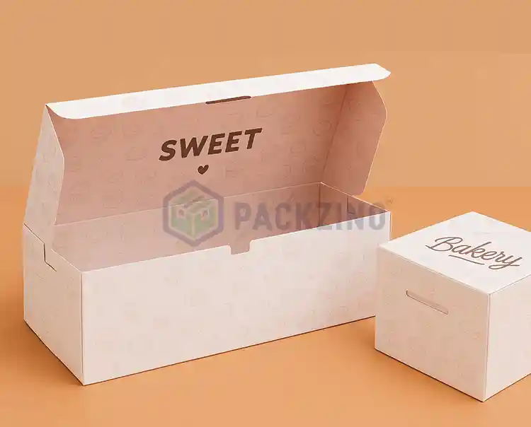 Custom fold carton bakery box with tuck-top and inner 'SWEET' print, ideal for loaf cakes or cupcakes.