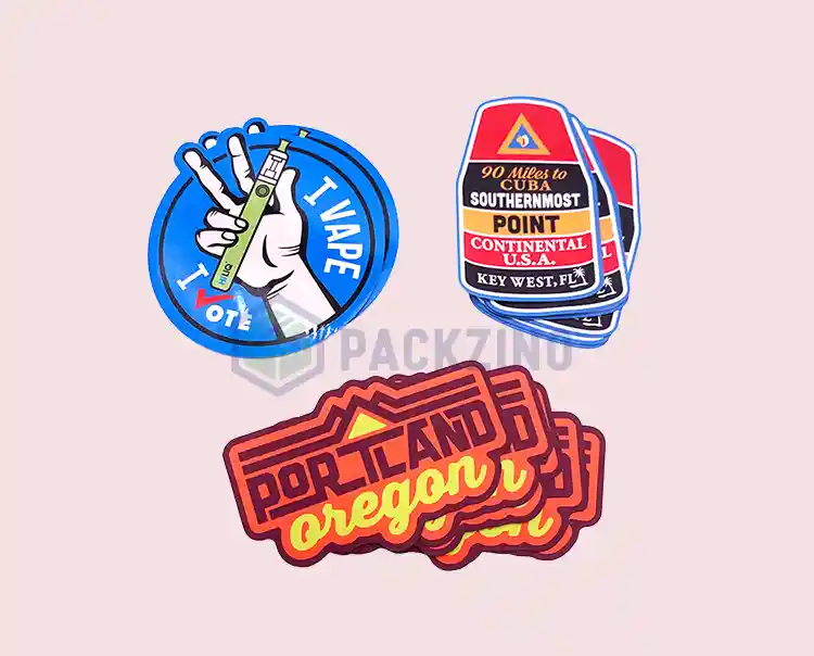 Custom printed die-cut labels with colorful graphics and logos for brand promotion