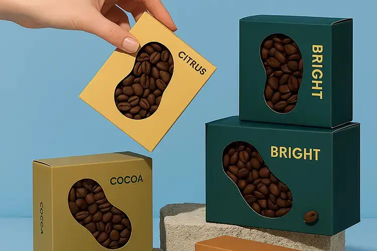 Custom paper packaging boxes with die-cut windows showcasing coffee beans.