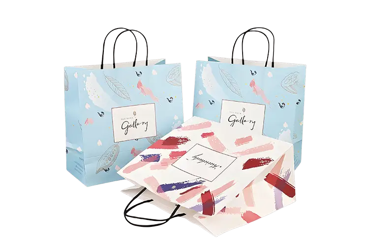 Custom printed paper bags with artistic designs and twisted handles for boutique packaging.