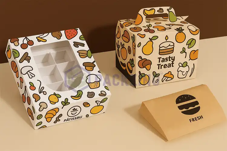 Custom printed bakery boxes with window and handle, ideal for cakes, donuts, and snacks