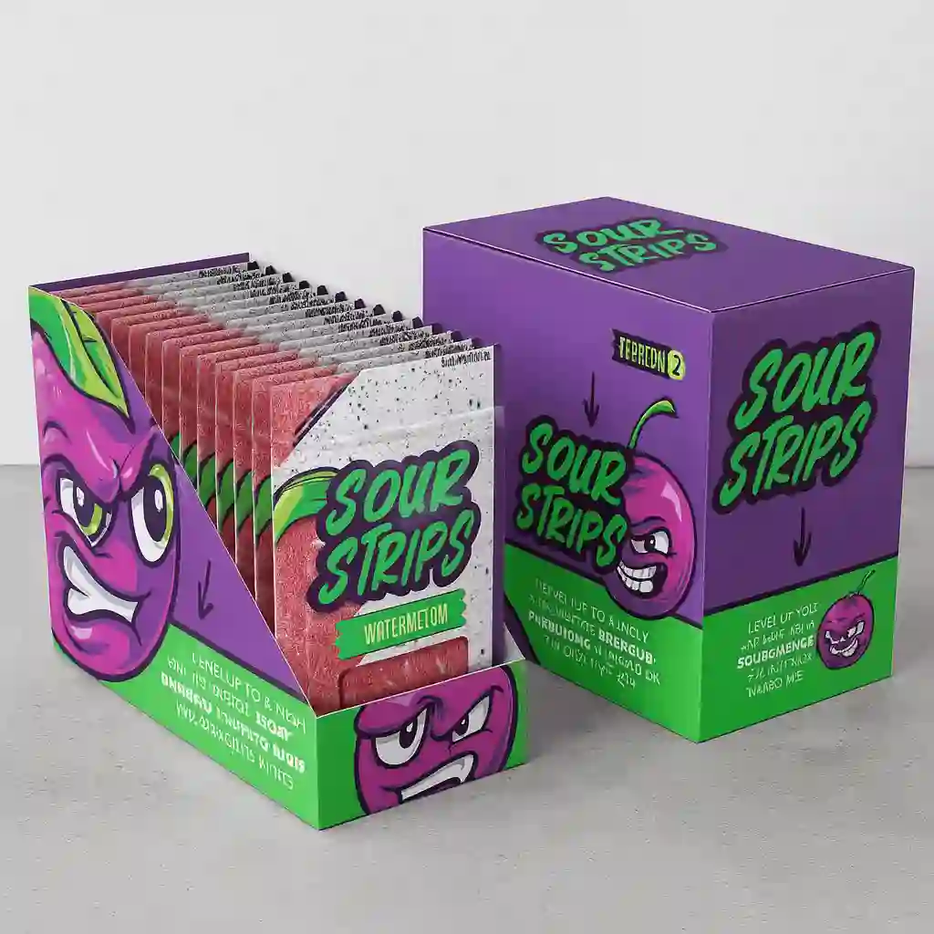 Custom printed display box holding sour candy strips for retail counter.