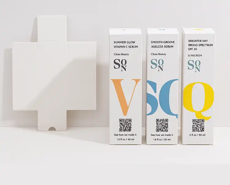 Custom serum packaging box with inner insert and bold letter design for skincare branding