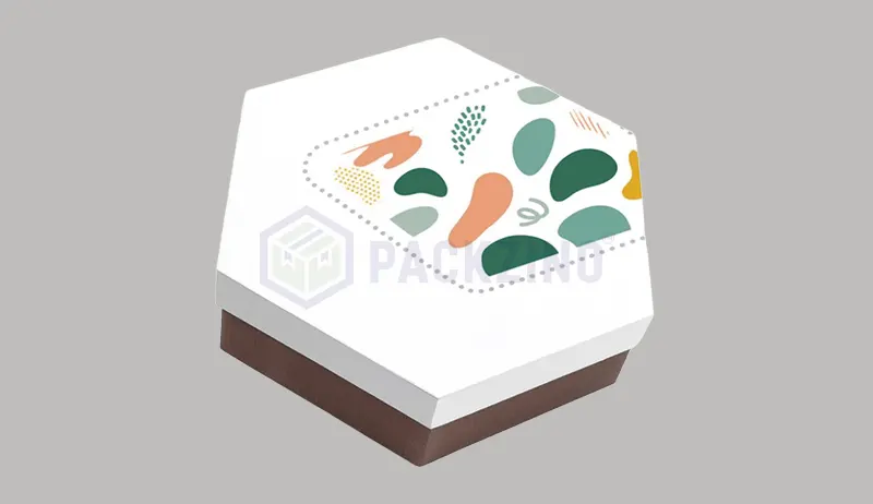 Hexagon-shaped rigid box with full cover lid and printed top surface.