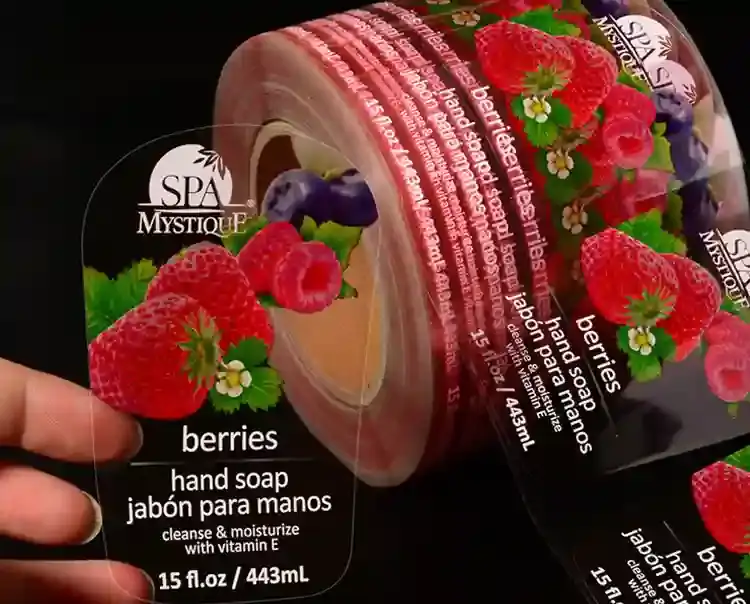 Custom printed skincare label roll with berry design for hand soap bottles and jars