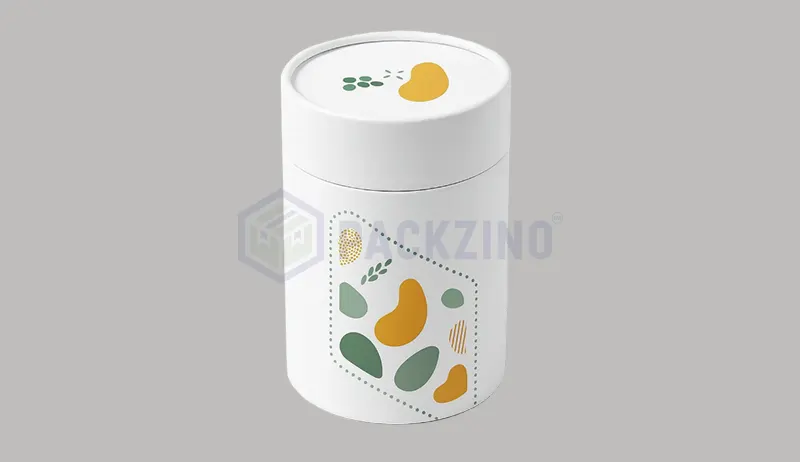 Cylindrical rigid box with lid and colorful surface design for retail.