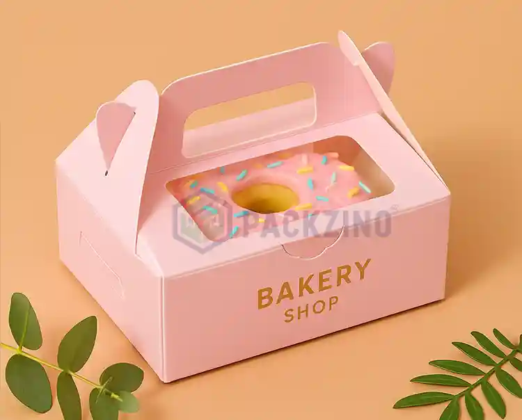 Pink window bakery box with handle, perfect for showcasing donuts or pastries.