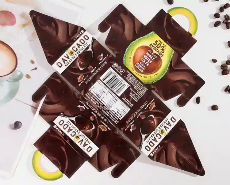 Eco friendly chocolate box packaging with full-color design and foldable flat layout.