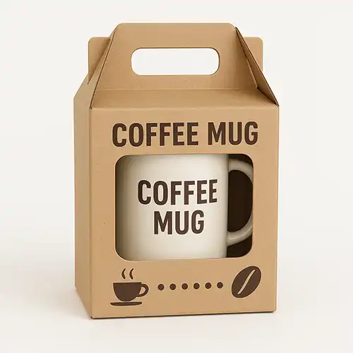 Eco packaging box with window cutout showcasing a coffee mug made from kraft paperboard