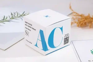 Facial cream box packaging for anti-aging cream with bold blue letters and clean branding.