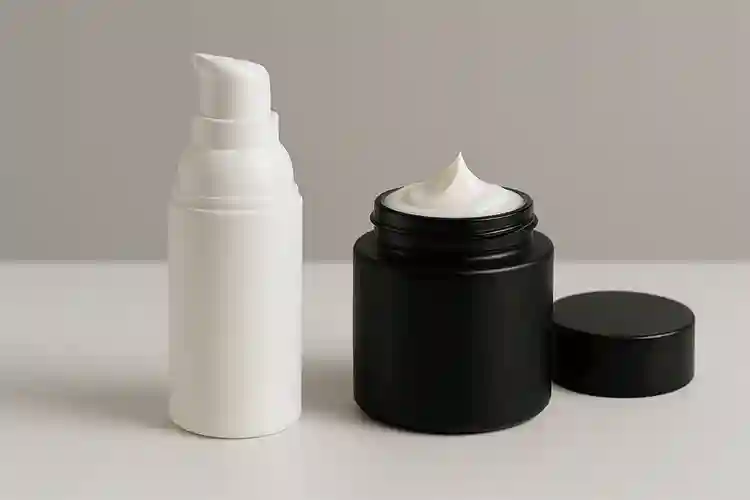 Facial cream packaging with a white pump bottle and black cream jar displayed on a clean surface.