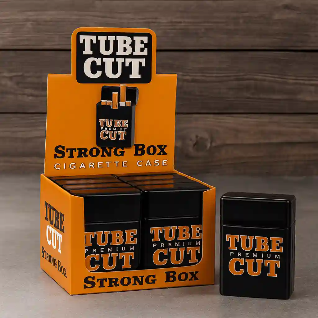 Foldable counter display box holding multiple cigarette storage cases.