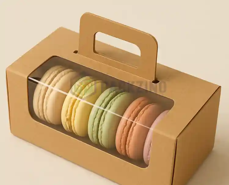 Eco-friendly kraft macaron box with clear window and carry handle for bakery display or gifting.