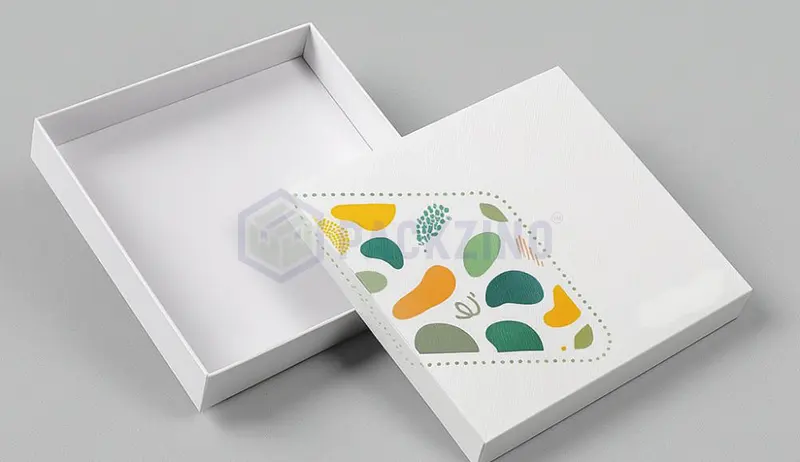 Two-piece rigid box with lift-off lid and minimalist printed top.