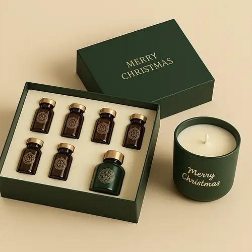 Lift-off lid rigid box for essential oil bottles and candle gift packaging.
