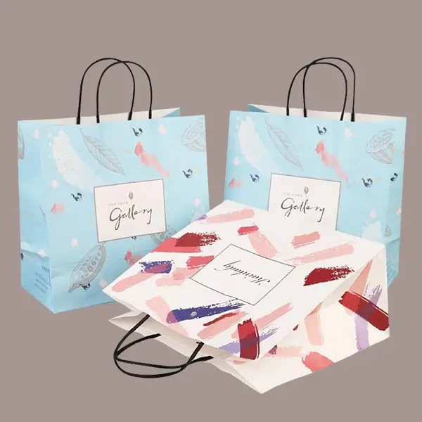 Stylish printed paper shopping bags with custom logos and rope handles