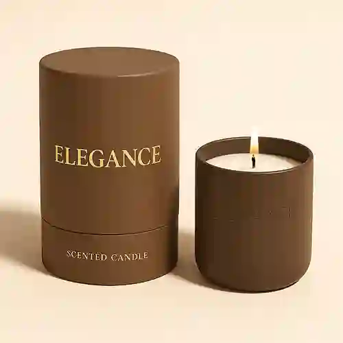 A round paper tube candle packaging in brown with gold foil text, designed for scented candles.
