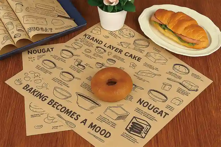 Printed deli tissue paper with illustrated food icons and recipes for bakery wrapping