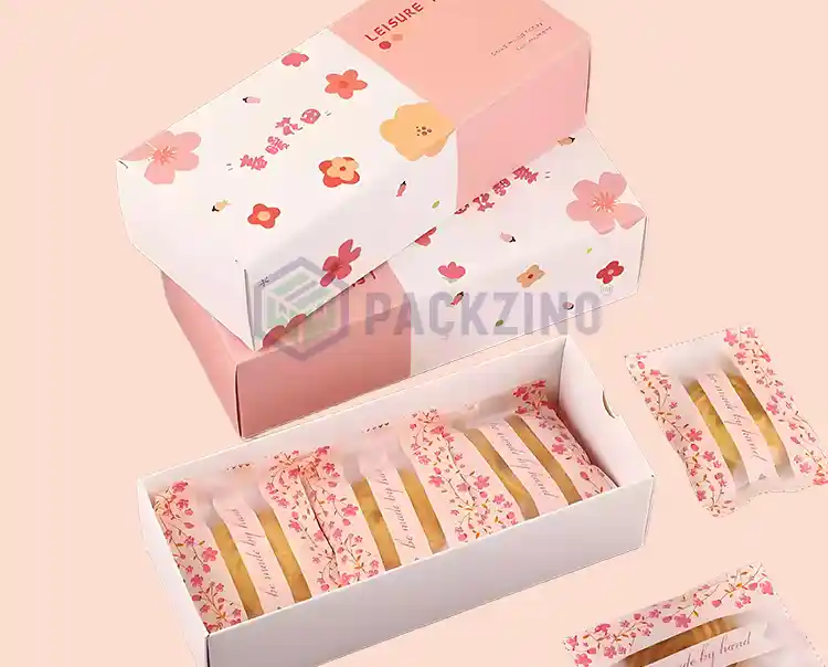 Rigid slide-out bakery packaging box with floral design, ideal for seasonal pastries or premium gifts.