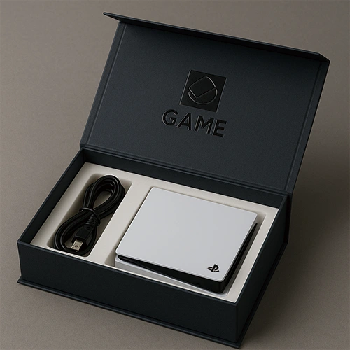 Rigid box for electronics with foam insert and custom print