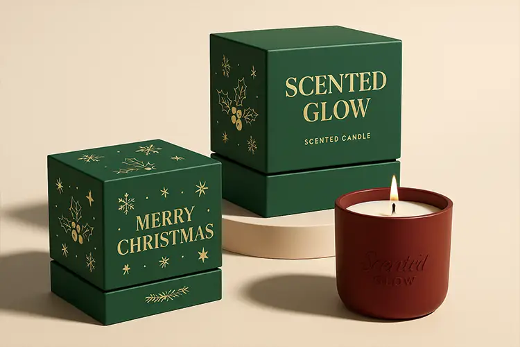 Rigid candle packaging in festive green with gold-foil print and scented candle