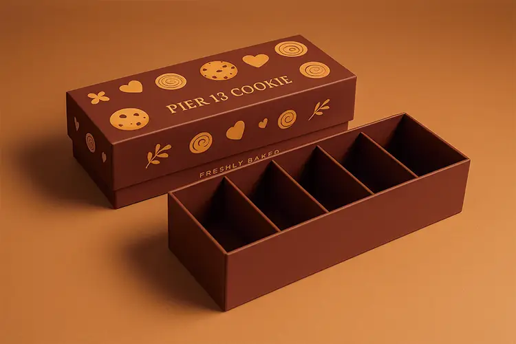 Small batch rigid box with brown cookie theme and internal divider compartments