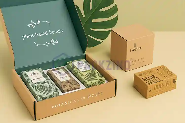 Sustainable skincare packaging with botanical designs and kraft boxes for eco-conscious beauty brands.