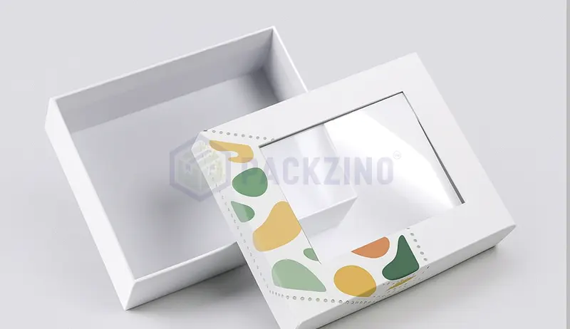 Lift-off lid rigid box with transparent window for product display.