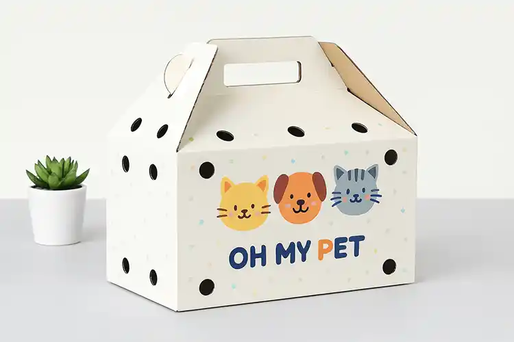 Corrugated pet carrier box with ventilation holes and cute pet illustrations