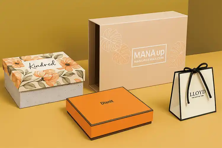 Custom apparel packaging box set with luxury rigid boxes, drawer boxes, and gift bags